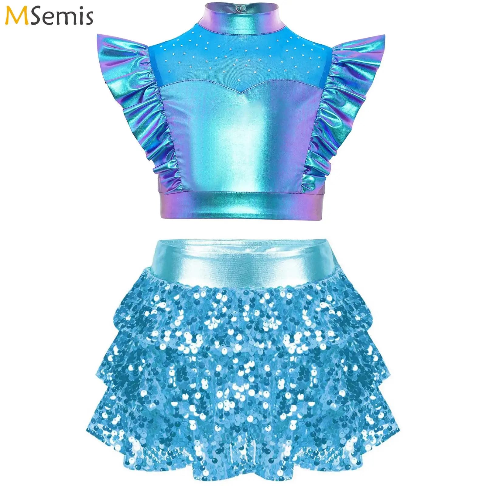 Vestito da ballo hip-hop per ragazza Jazz Top corto olografico metallizzato senza maniche con gonna a strati con paillettes Culottes Set da cheerleader jazz