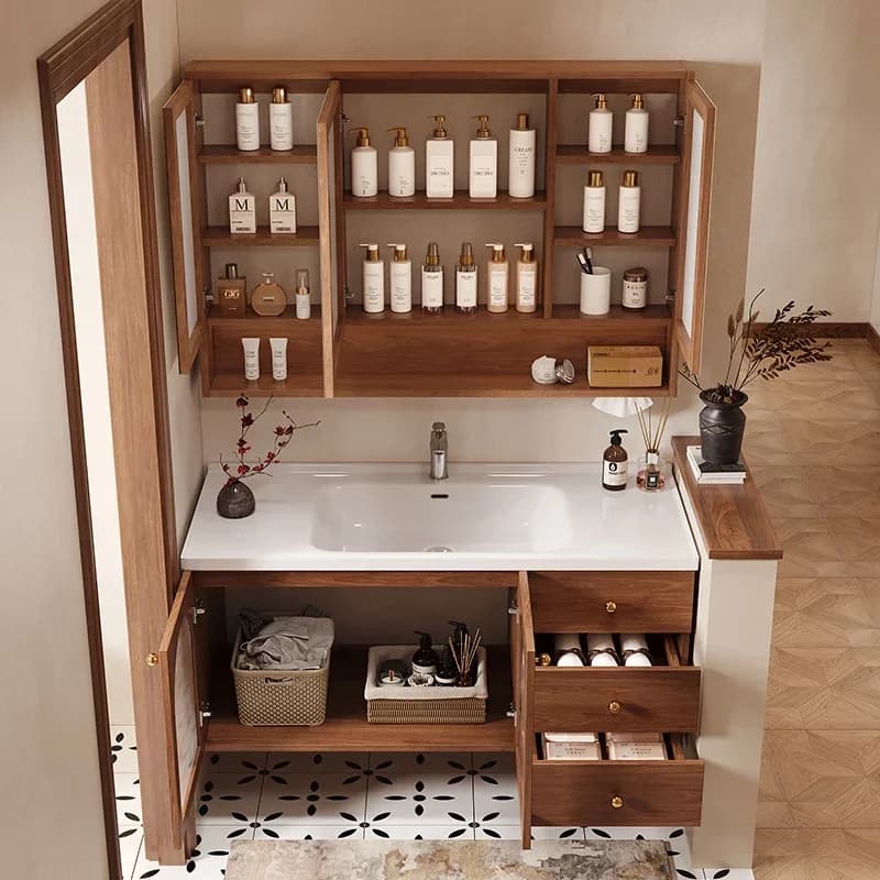 Mobile Bagno con Cassetti Replica, Specchio Rustico, Lavabo Moderno, Stile Nordico, Arredamento Unico