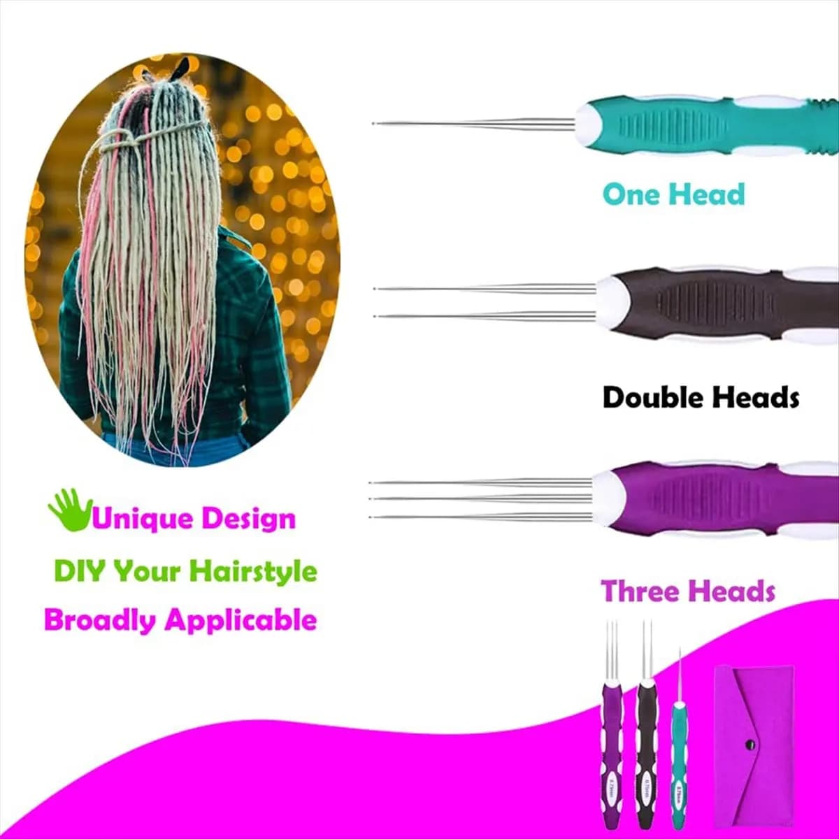 A45I Ago per Dreadlock, Uncinetti per Capelli con Manico Ergonomico, Set da 3 Pezzi per Intrecciare i Capelli 0,75mm