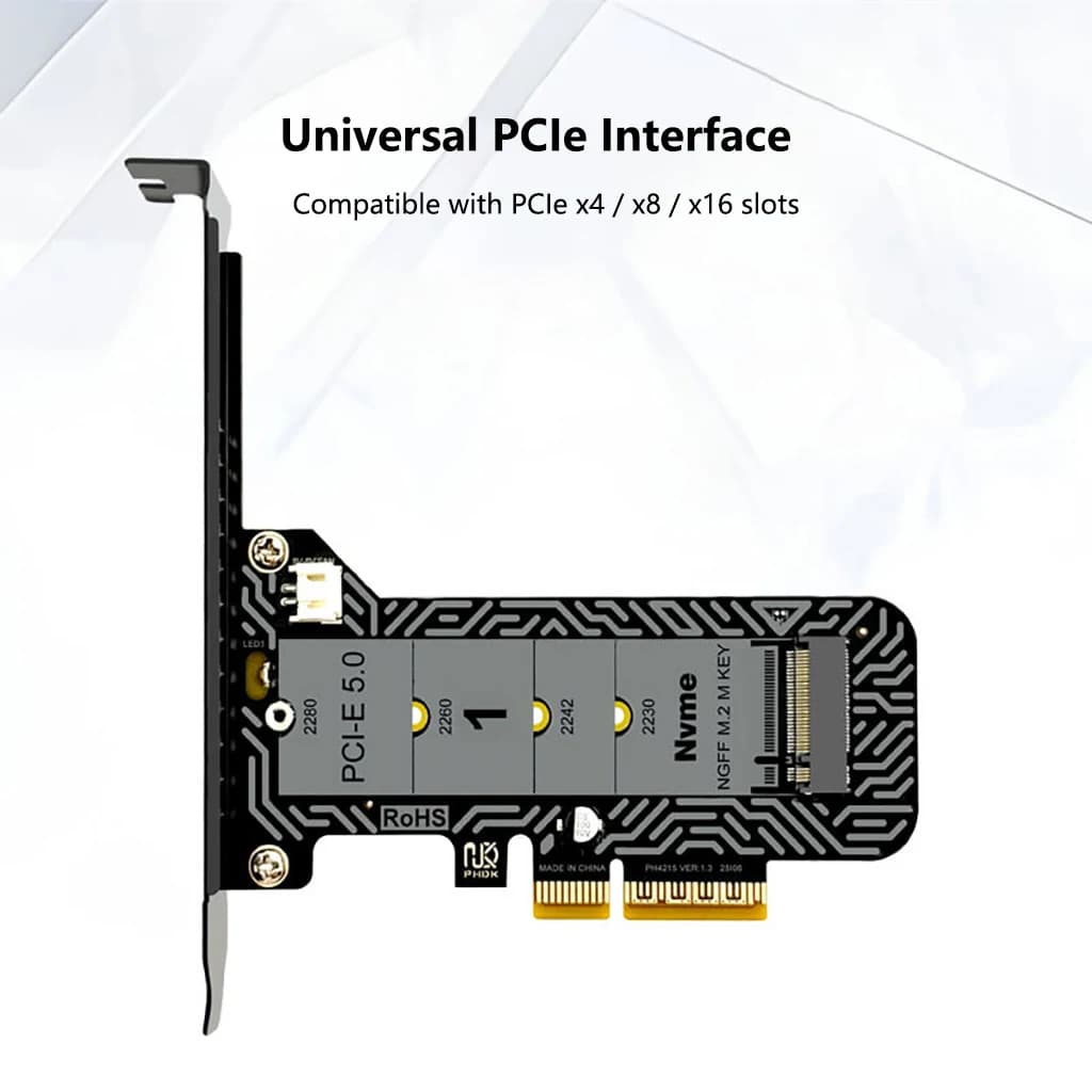 Scheda adattatore PCIe 5.0 x4 a M.2 NVMe con indicatore LED, supporto per SSD M-Key 2230/2242/2260/2280, scheda di espansione PCI-E 5.0 a piena velocità