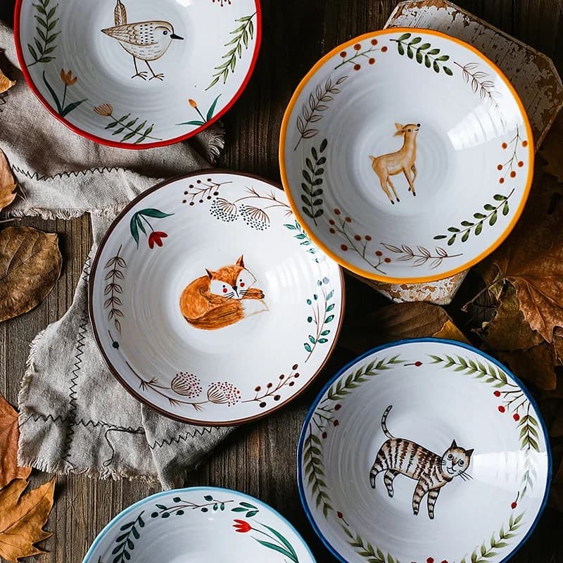 Grandi ciotole in ceramica per animali dipinti a mano per insalata di noodle Ramen Contenitore di frutta carino Cucina Ristorante Stoviglie Decorazioni per la casa moderne