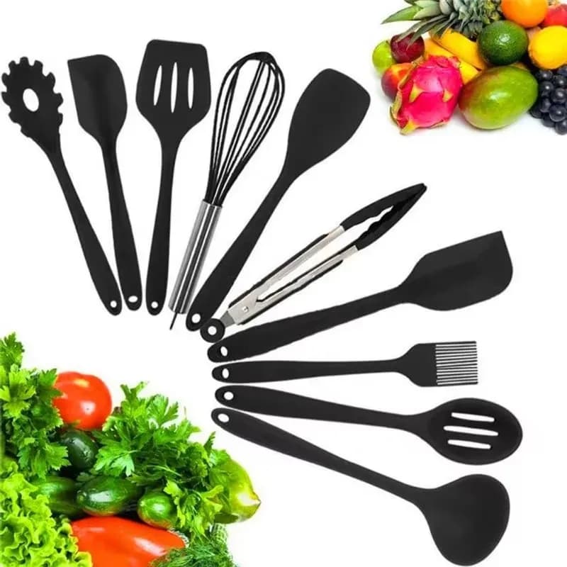 Set di 10 Utensili da Cucina in Silicone Antiaderente: Pinze, Cucchiai, Spatole, Paletta per Pasta, Frusta, Mestolo, Scolapasta e Altri Strumenti per Cucinare