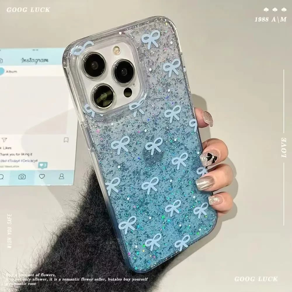 Luxury Bling Glitter Cute Blue Bow Phone Case For iPhone 11 12 13 14 15 16 17 Pro Max Plus 17Pro silicone Clear sparkle Cover