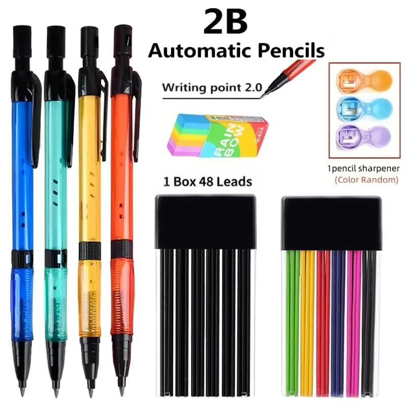 2.0mm Mechanical Pencil Set with 2B Black/Colors Leads Refills For Sketching Art Sketching Painting Writing Stationery Supplies