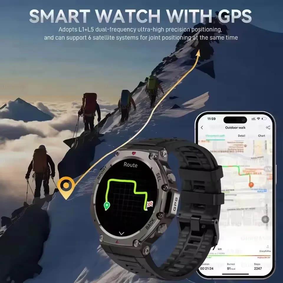 Orologio sportivo da uomo, compatibile con Bluetooth, contapassi, cardiofrequenzimetro, Android 5.3, schermo 466x466, batteria da 500 mAh