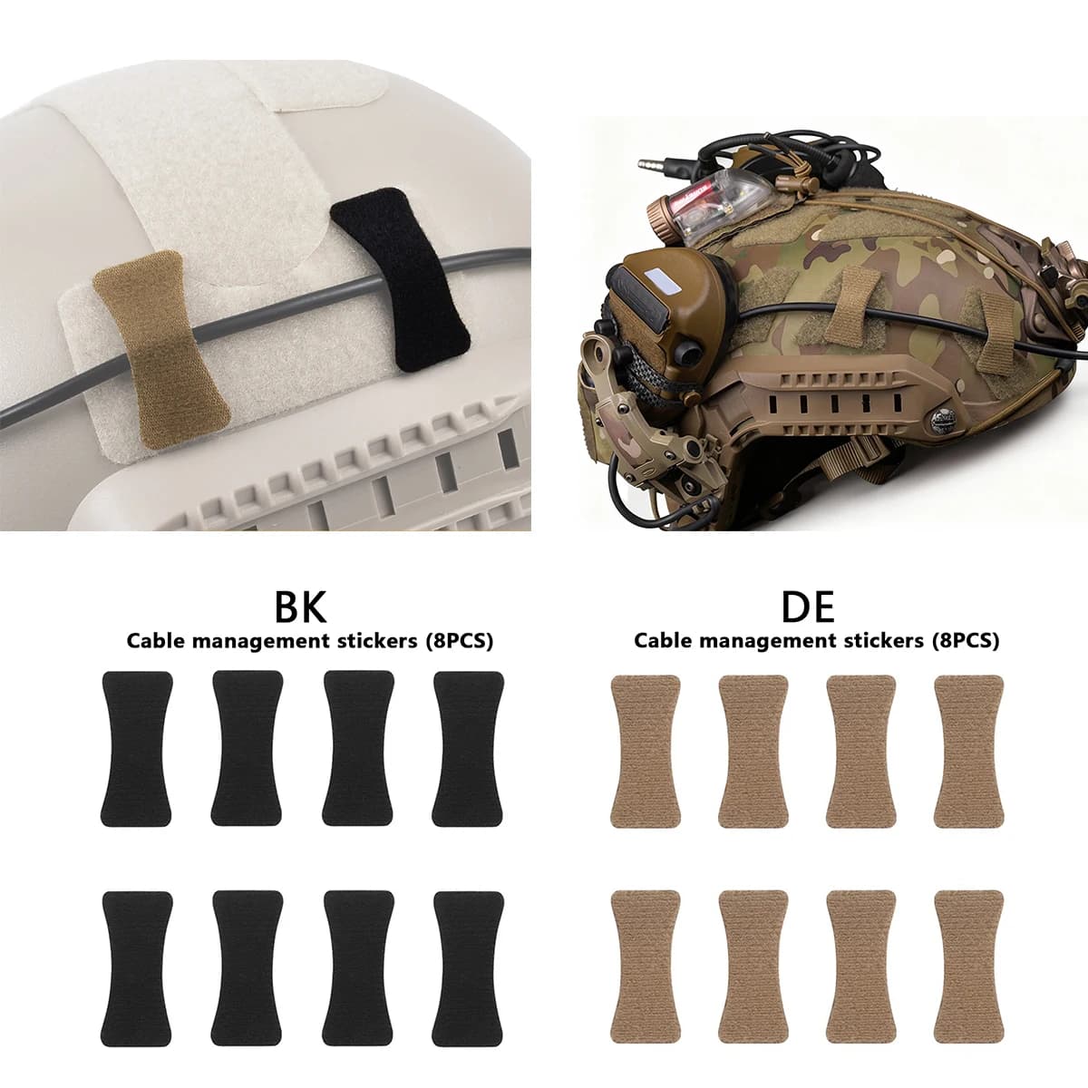 Kit di gestione dei cavi per casco tattico Fili di comunicazione NVG Cavo raccolto Organizzatore Cinghie con gancio e anello Caccia Accessori softair 8 pezzi