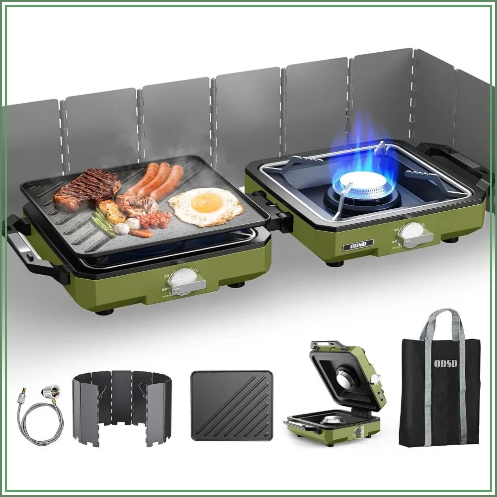 2 Burner Camping Stove With Windshield, 20000 BTU Propane Stove, Portable Folding Gas Stove, Camping Essentials Includes Frying Pan, Coffee Stand & Carry Bag