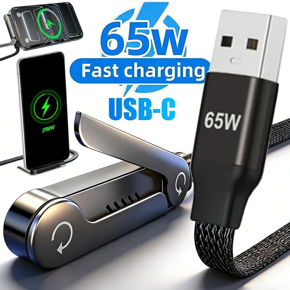 Cavo Dati di Ricarica Super Veloce 240W/65W 2-in-1 con Supporto Pieghevole per iPhone 17 16 Samsung Android USB-C a Type-C e USB-A a Type-C