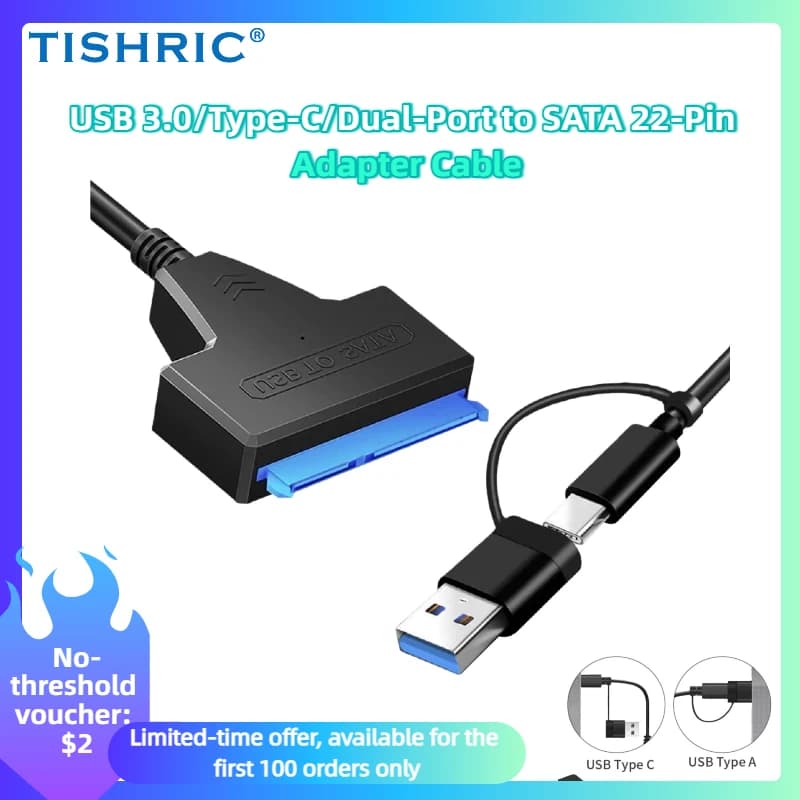 TISHRIC Adattatore SATA a USB-C 2 in 1 Cavo HDD/SSD esterno USB 3.0 per laptop, PC, Mac - SATA III a 22 pin a Type-C/USB-A