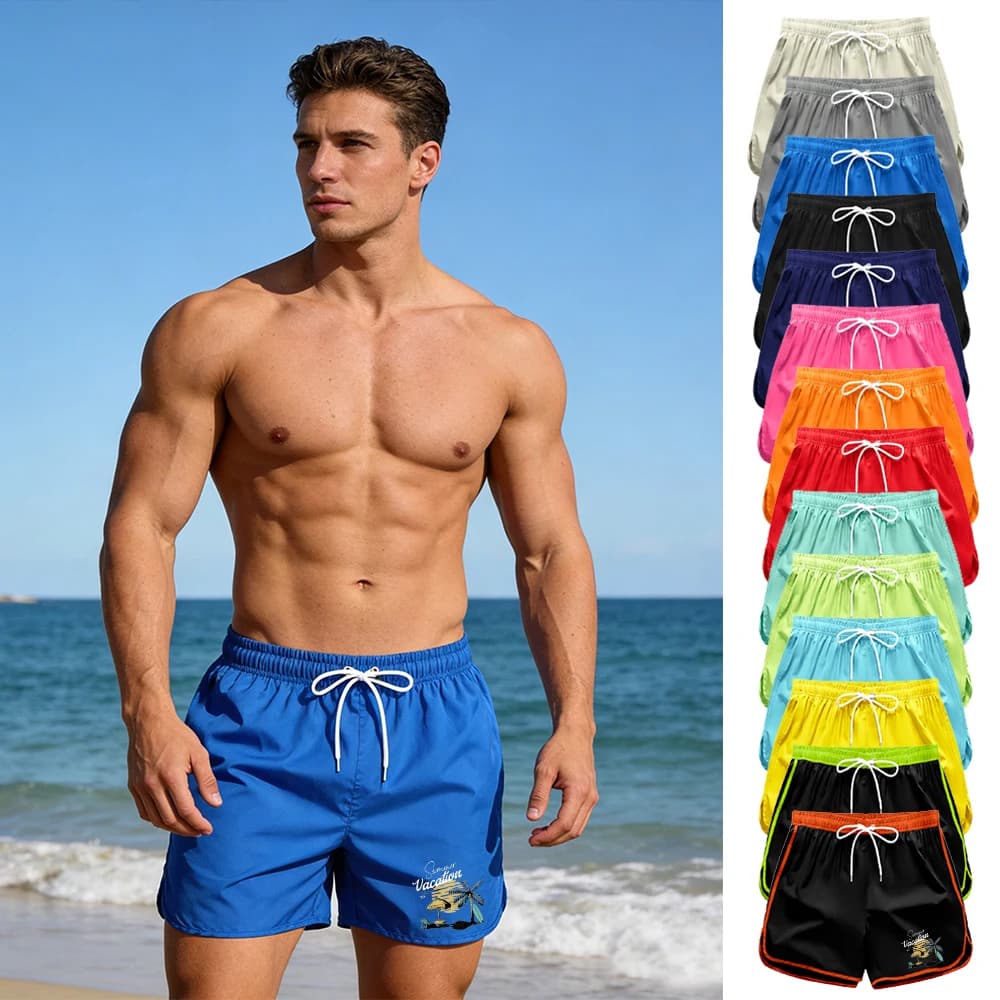 Costume da bagno casual con stampa di alberi di cocco estivi, pantaloncini sportivi da uomo traspiranti, adatti per l'allenamento fitness quotidiano e l'uso domestico