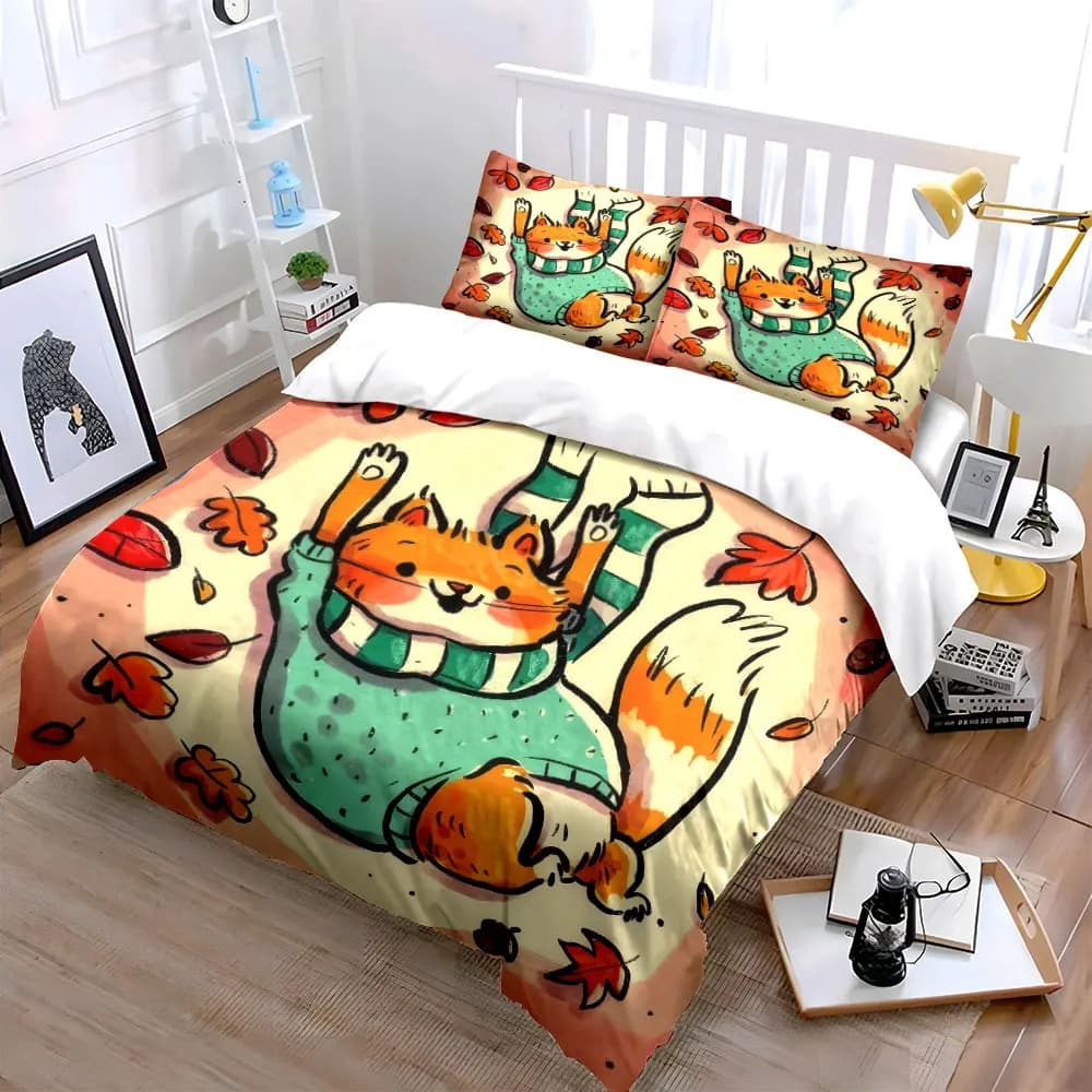 "Autumn Fox Decor Set" Bedding Set with 1 Duvet Cover 2 Pillowcases Single Double King Queen, Gift