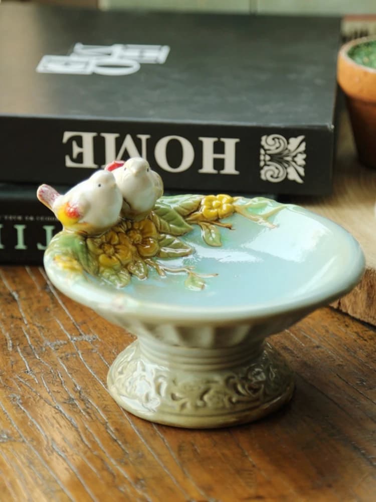 Vassoio in Ceramica Stile Country Americano, Blu Chiaro con Uccelli, Fiori e Frutta, Piatto per Semi di Sesamo, Decorazione Artistica per Soggiorno