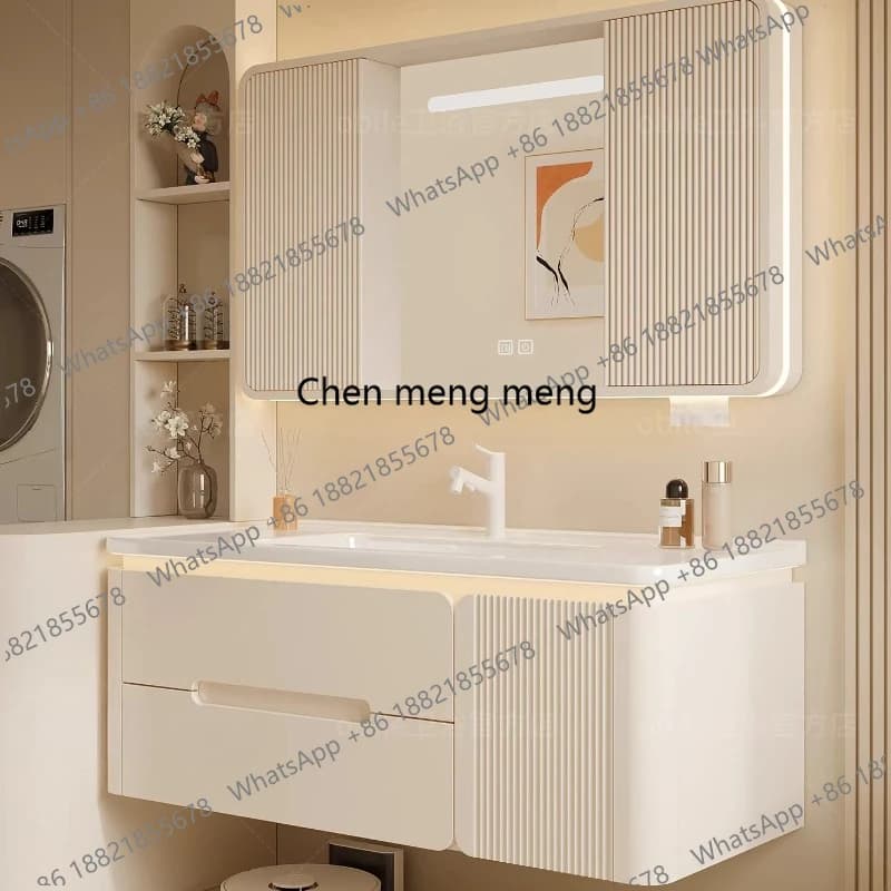 Mobile bagno moderno di lusso con lavabo integrato in ceramica, combinazione color crema, mobile bagno con lavabo.