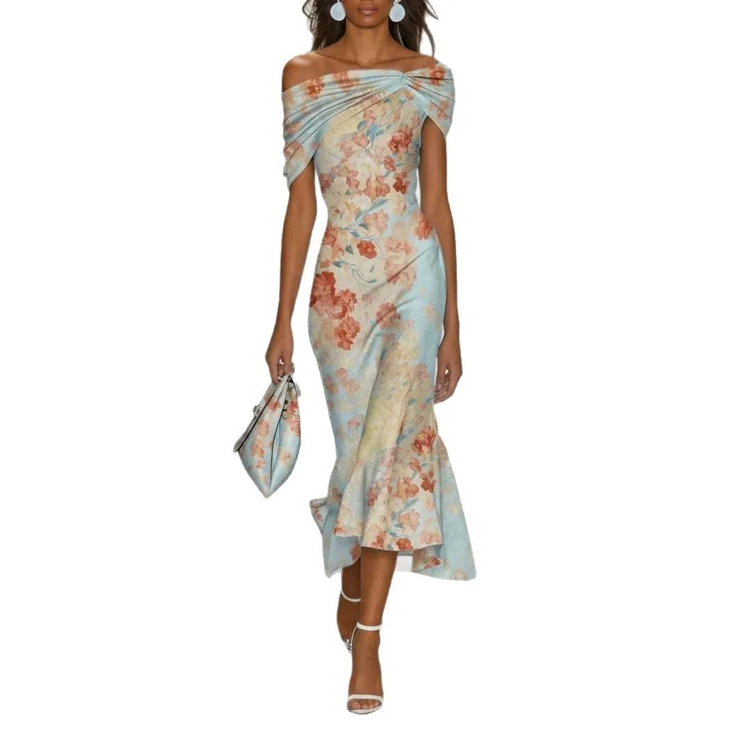 Elegant Long Digital Print Dress with Shoulder Baring Short Sleeves Floral Pattern Women's Fashion Spring 2026 A-Line Skirt