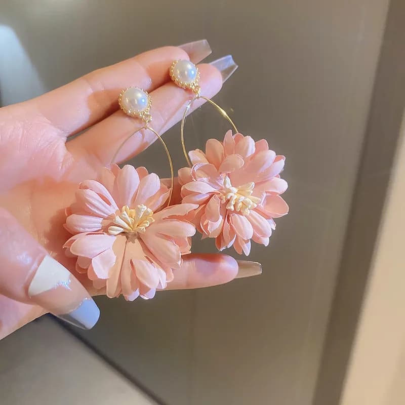 Orecchini ad ago in argento con perla imitazione fiore in tessuto rosa moda estate eleganza temperamento orecchini ad alto senso da donna