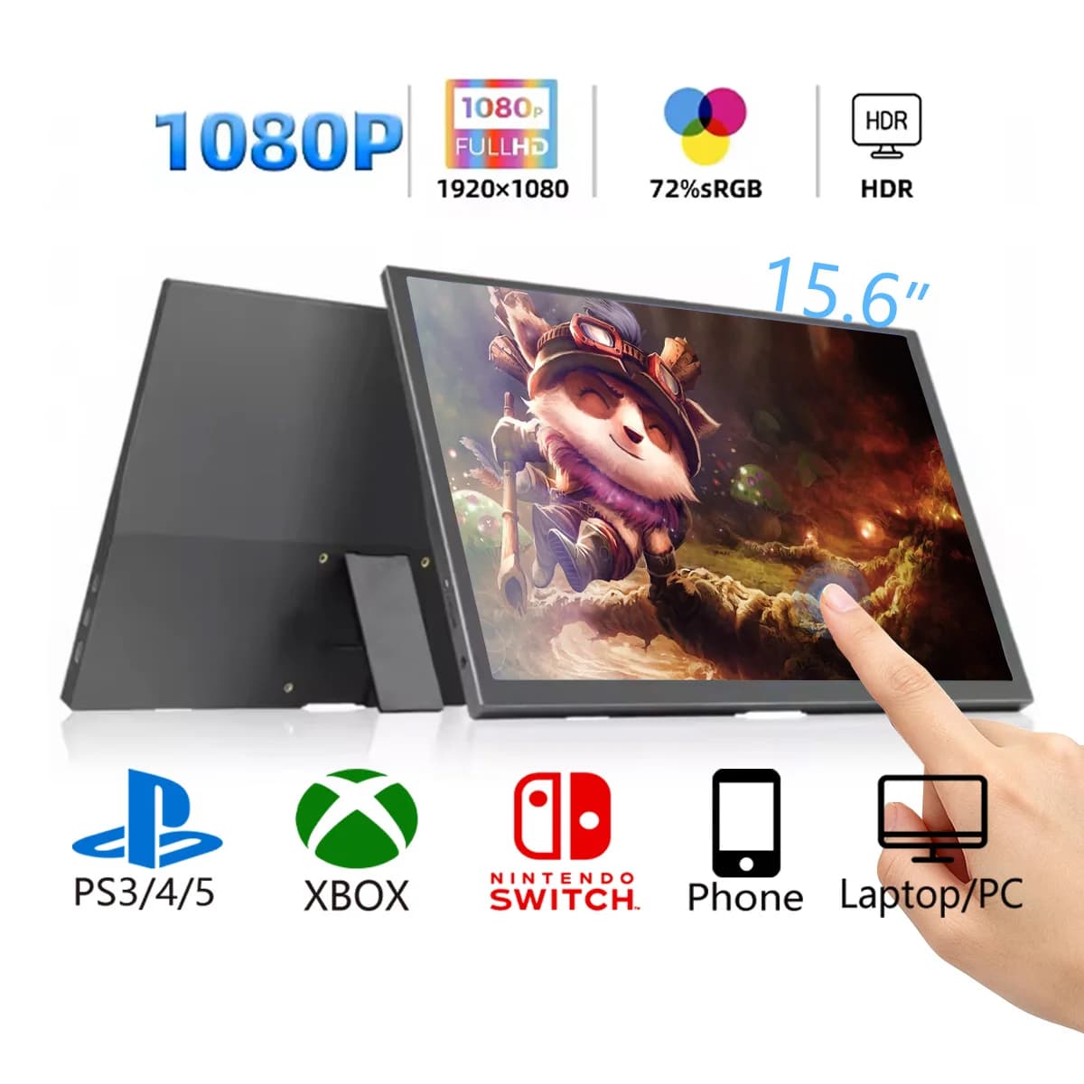 15.6" Ultra-Slim Touchscreen Portable Monitor 1080P HDR with Stand, Lightweight 850g Display for Travel, Work & Gaming
