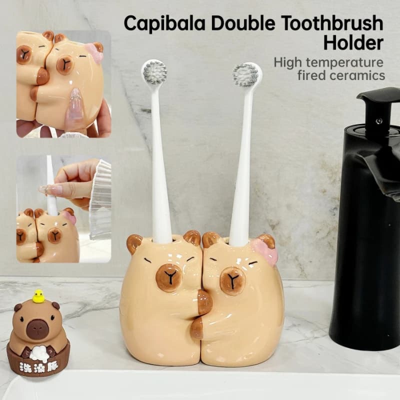 Base portaoggetti creativa per doppio spazzolino da appoggio per WC, porta spazzolino in ceramica per bagno Capibala simpatico cartone animato per uso domestico