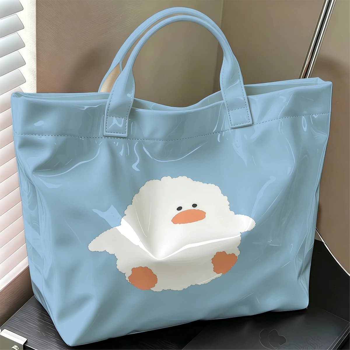 Fluffy Duck Cute Large Glossy PVC Tote Bag Hand Washable Lightweight Soft Great for Travel Commute Makeup Storage Handbags