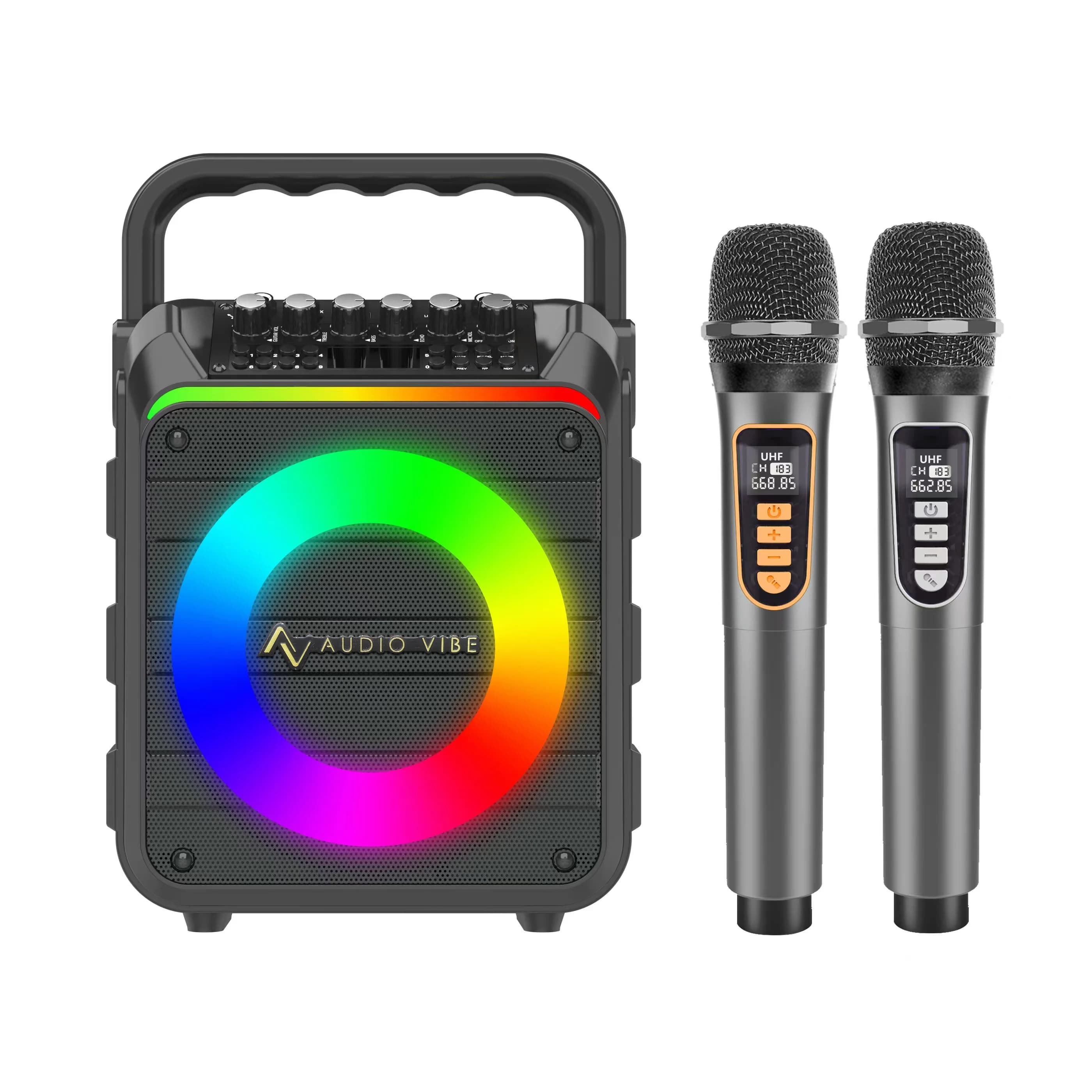 Macchina per karaoke portatile personalizzata Bt5.3V 2 microfoni wireless Regolazione dei bassi/acoli Sistema PA Luce LED con telecomando