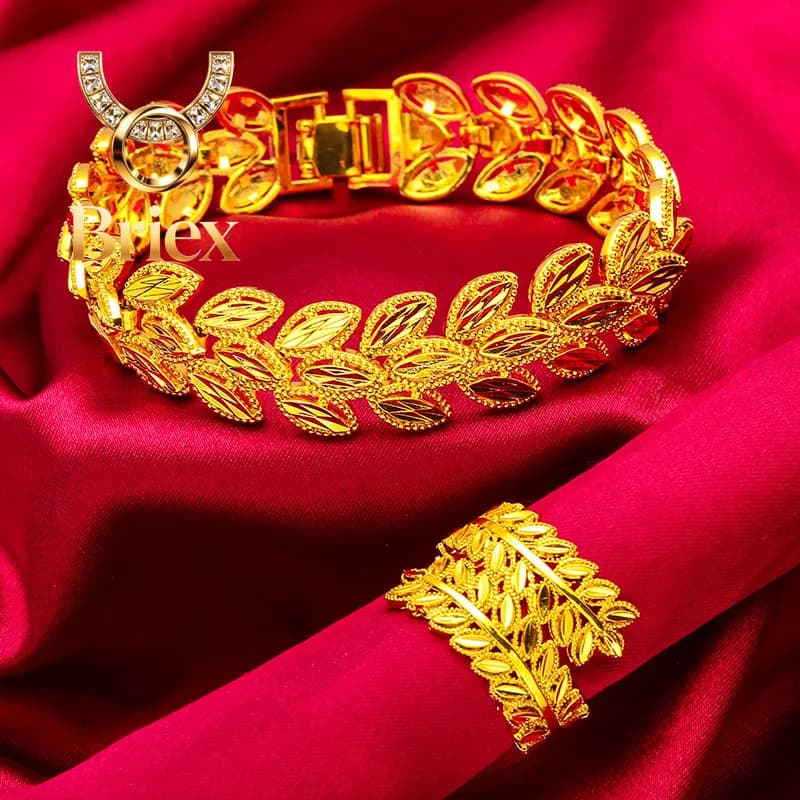 Briex Jewelry Bracciale-Anello da Donna in Oro 24K AU999 - Bordo Largo + Rilievo 3D, Contrasto Foglia Opaca/Foglia Lucida, Lusso