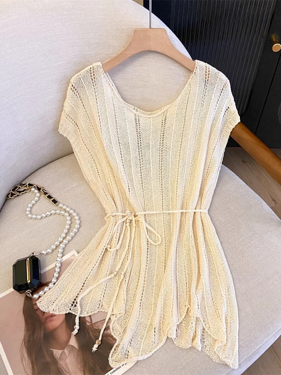 Top da donna in maglia traforata in seta ghiaccio, nuovo stile estivo, con cintura in vita, camicia irregolare con cintura, elegante e aderente, a maniche corte, per il commuting