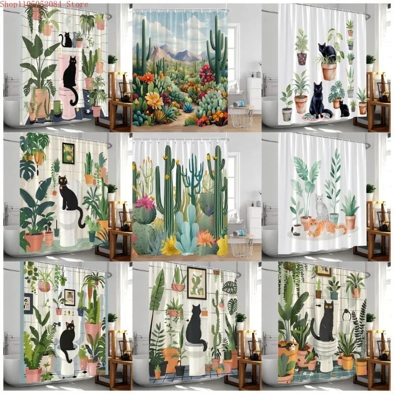 Cute Greenery Print Shower Curtain With Hooks Waterproof Mildew Proof Easy Install Washable For Bathroom Hotel Apartment Dorm