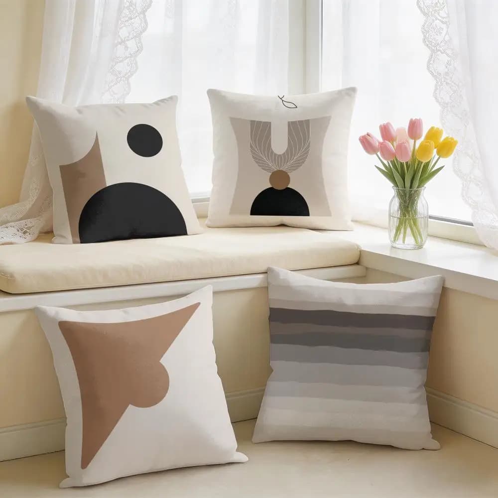 Nordic Geometric Line Coffee Color Cushion Cover Plush Fabric Soft Double-Sided Printed Sofa Warm Home Child Gift Pillow Case