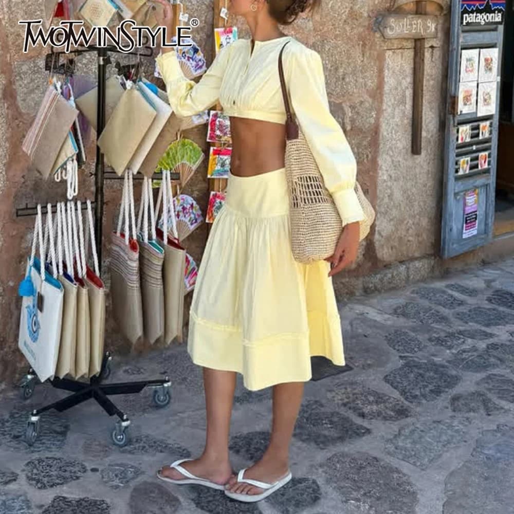 TWOTWINSTYLE Sweet Slimming Suit for Women Round Neck Long Sleeve Crop Top Low Waist Midi A Line Skirt Two Piece Set Female New