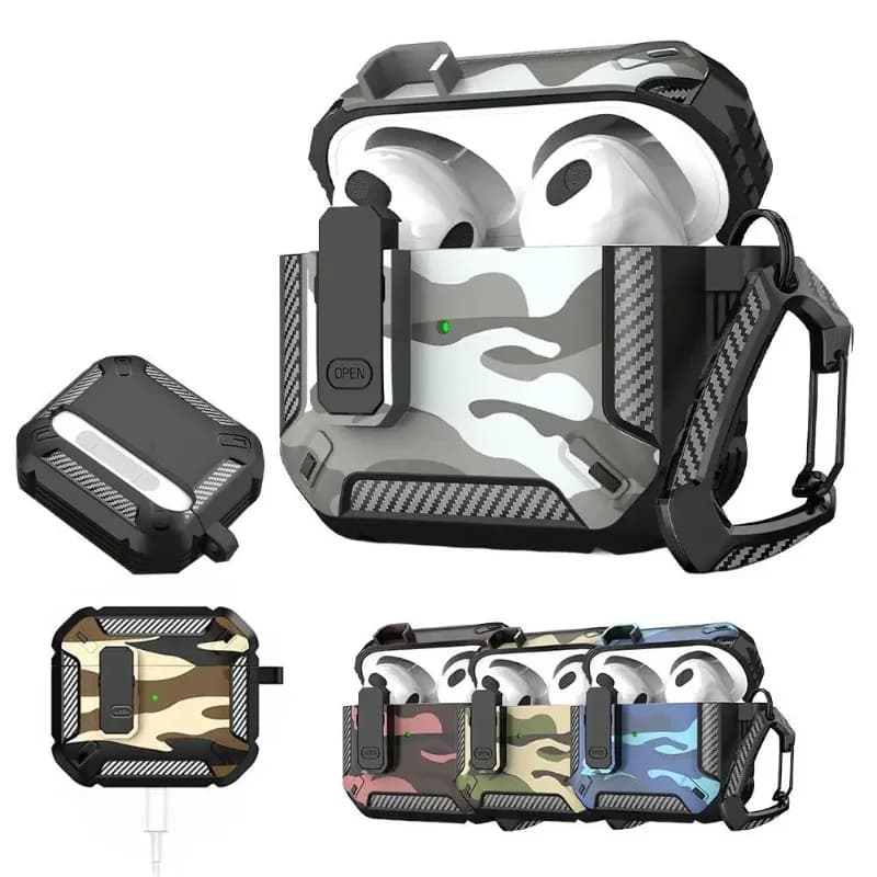 Camouflage AirPods Case for 1/2/3/4 & Pro 1/2, Carabiner Security Lock, Anti-Drop Full Protective Shell, Outdoor Gift
