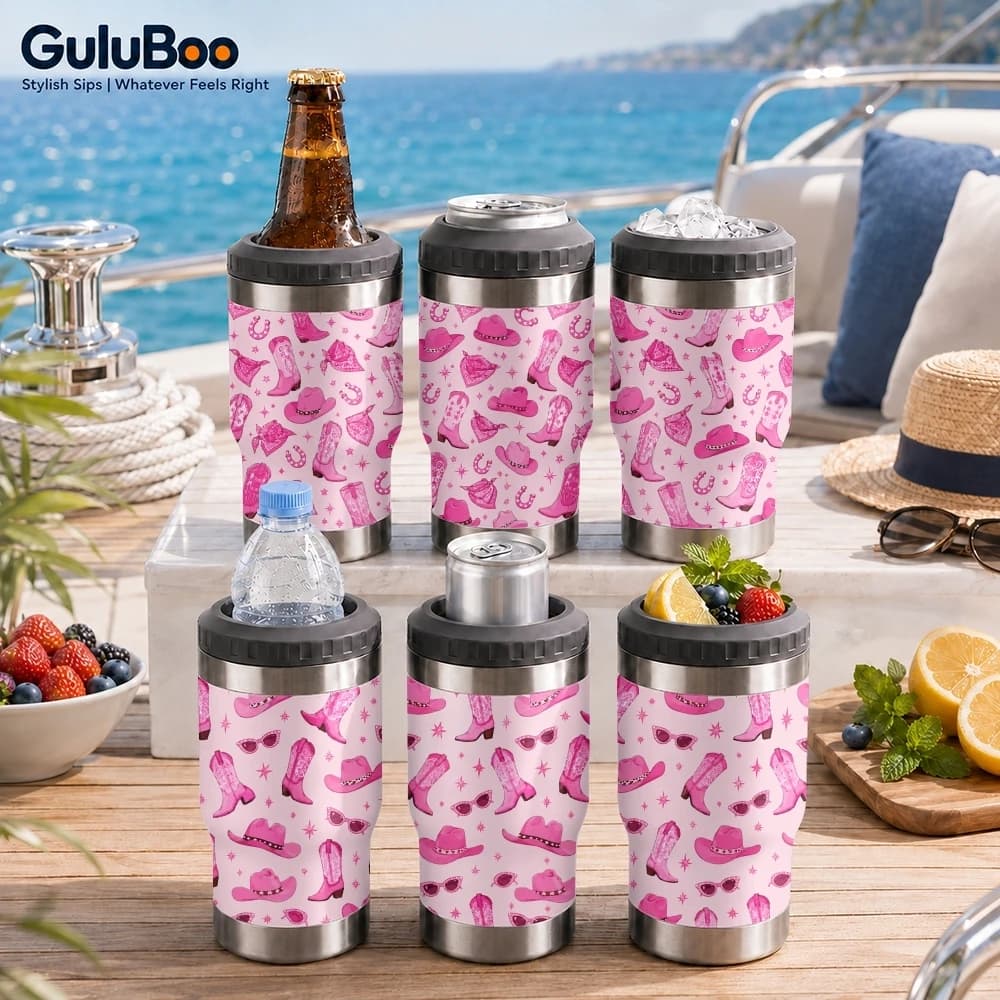 Cowgirl Hat Boot Print 4-in-1 Insulated Can Cooler Cup For Beer Soda Coffee, Stainless Steel Hot Cold Drink Holder Mug