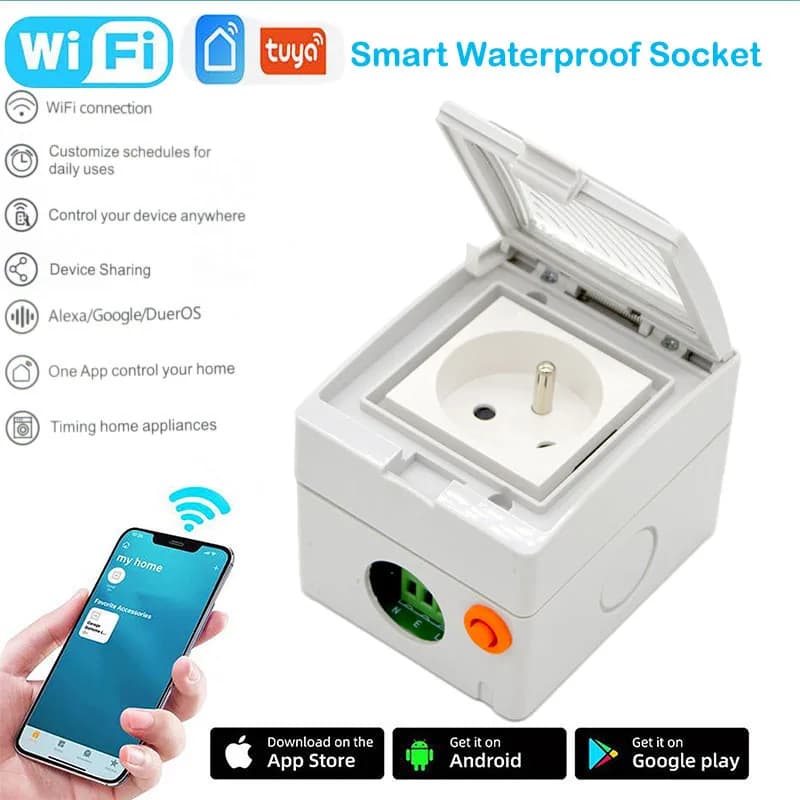 Smart socket WiFi Tuya 16A IP55 Waterproof for Bath, Remote Control via App, Compatible with Alexa, Google and DuerOS