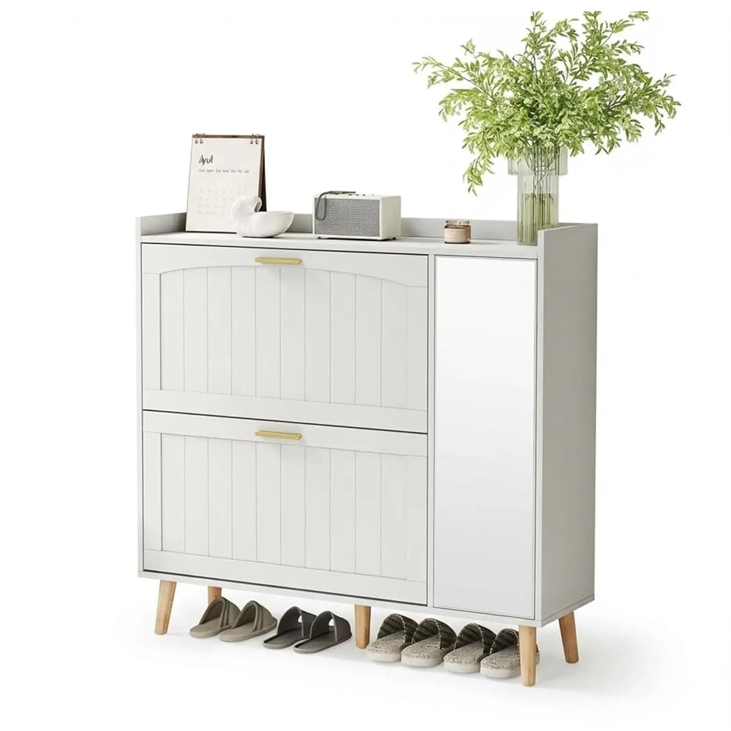 Slim Shoe Cabinet Mirror 2 Flip Drawers Adjustable Shelves Storage Organizer Entryway Hallway Bedroom White, Customized
