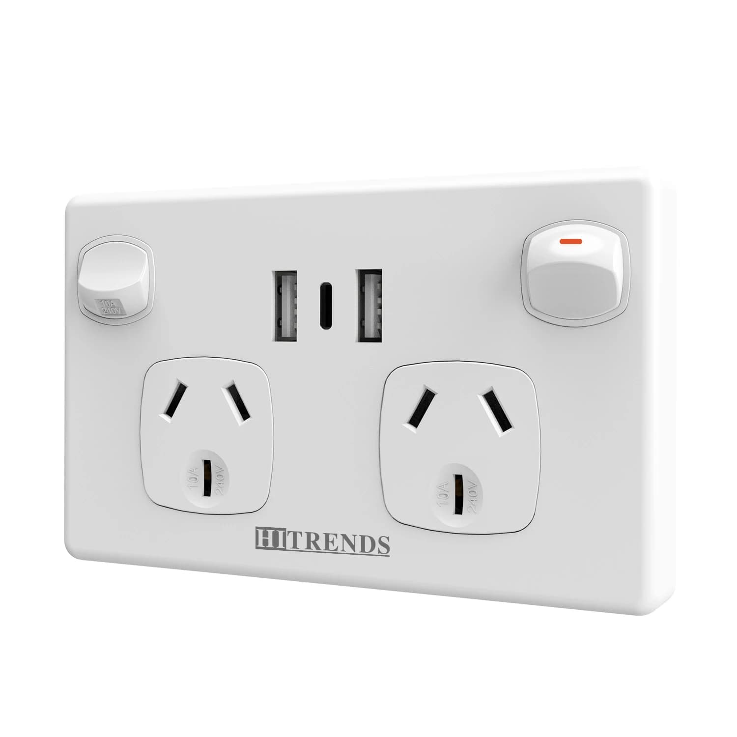 Australian standard USB wall socket double socket with 2 USB 1 type C and switch, AU socket adapter for 10A cell phone charging