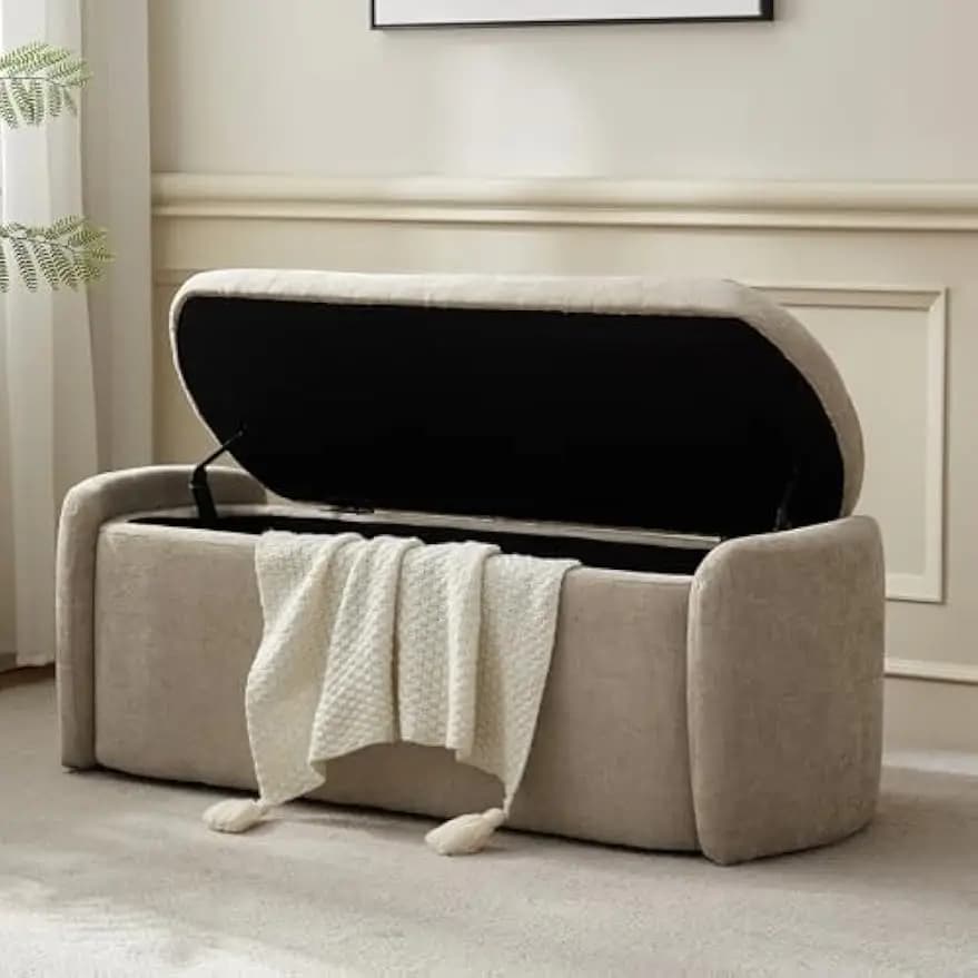 Upholstered Storage Ottoman Bench Entryway Footstool Accent Seat With Large Capacity And Safety Hinge Lid For Bedroom End Of Bed Living Room Mudroom, Modern Style, Khaki