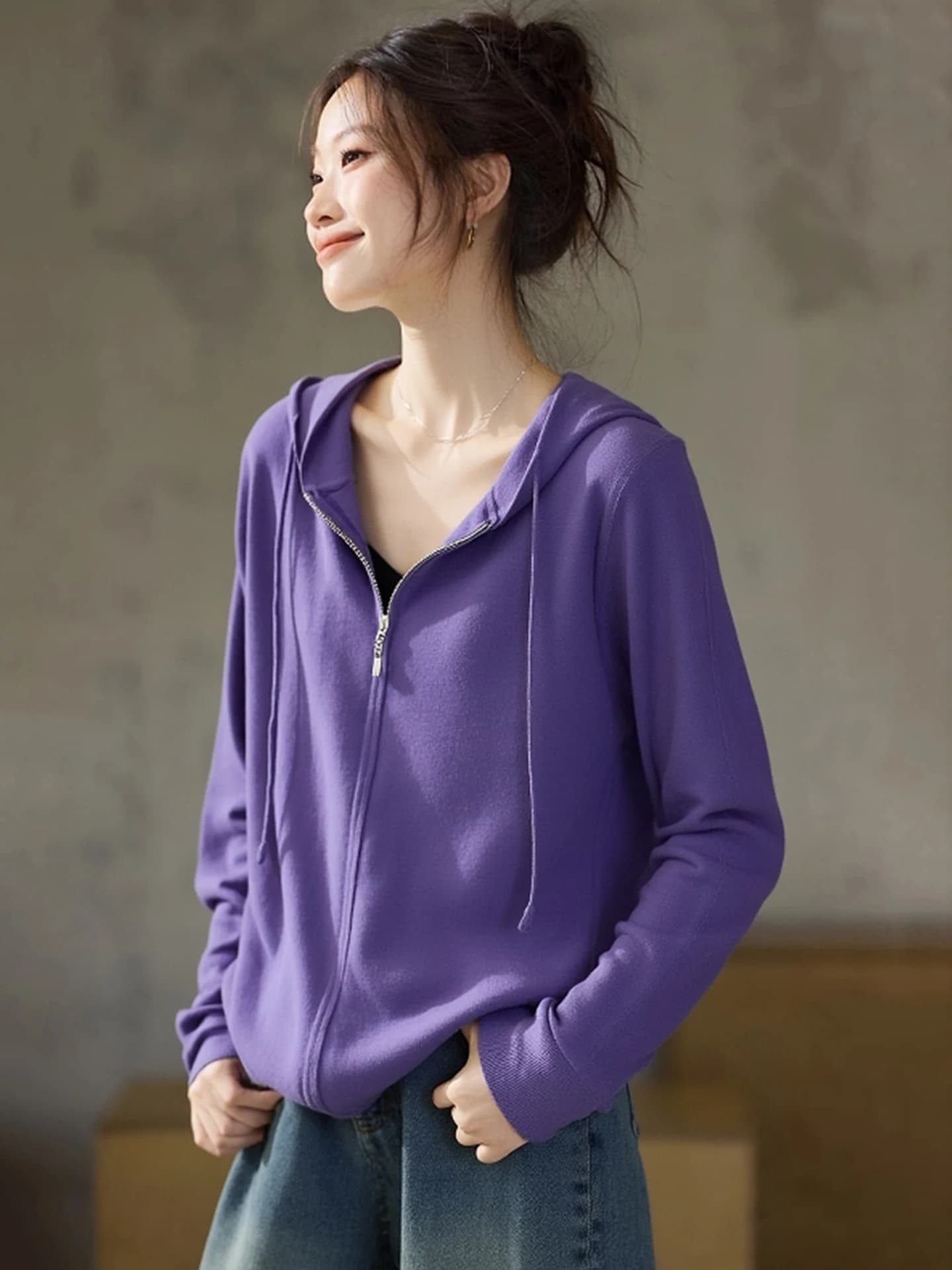 Felpa con Cappuccio e Zip in Maglia a Maniche Lunghe, Tinta Unita, Versatile per il Pendolarismo, Nuovo Arrivo Invernale, Poem Art Lin Moda Donna