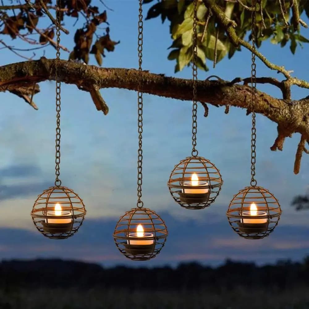 Rustic iron outdoor candle holder, waterproof with shimmering LED lights, ideal for patio, garden or tree decorations - 4