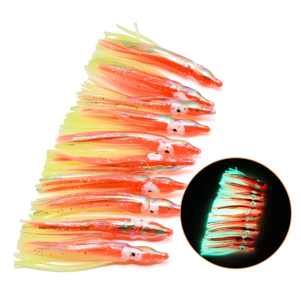 10 pz luce morbida polpo calamari gonne richiamo 6-12 cm silicone tonno gonne calamari pesca incandescente gomma esca artificiale