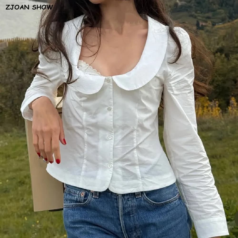 Dolce primavera bianco colletto alla Peter Pan camicia a maniche lunghe a sbuffo donna bottoni monopetto vita sottile camicetta corta top CHIC