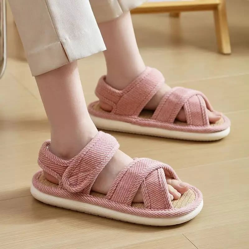 Women Flat sole Linen Cloth Sandals Summer New Soft sole Non Slip Breathable Sweat Absorbing Open Toe Velcro Home Silent Sandals