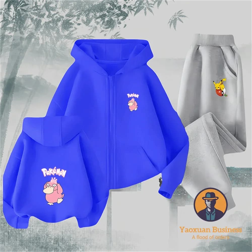 Set Casual Due Pezzi con Felpa con Cappuccio e Zip in Puro Cotone con Motivo Pikachu per Ragazzi e Ragazze, Collezione Campus 2026