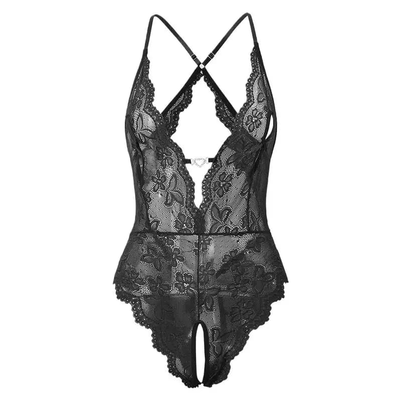 Black Porn Crotchless intimo donna body tentazione scava fuori pizzo esposto ombelico Lingerie esotica pigiama costumi del sesso