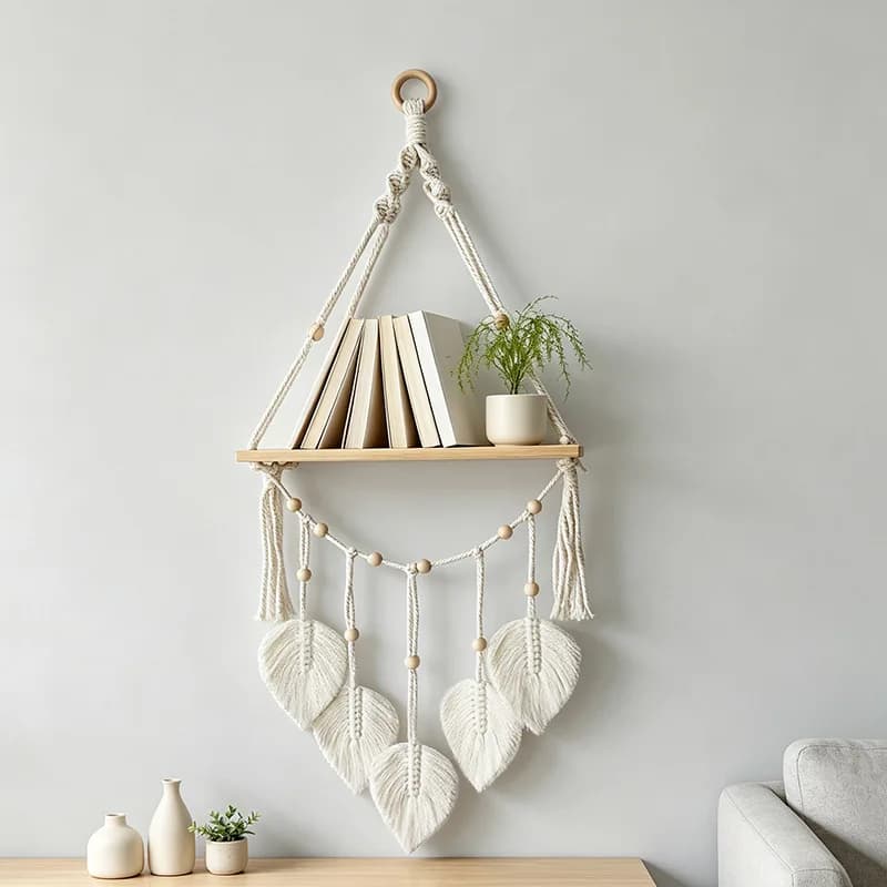 Boho Macrame Wall Hanging Shelf Hand Woven Leaf Tassel Wooden Floating Wall Storage Rack Home Decor
