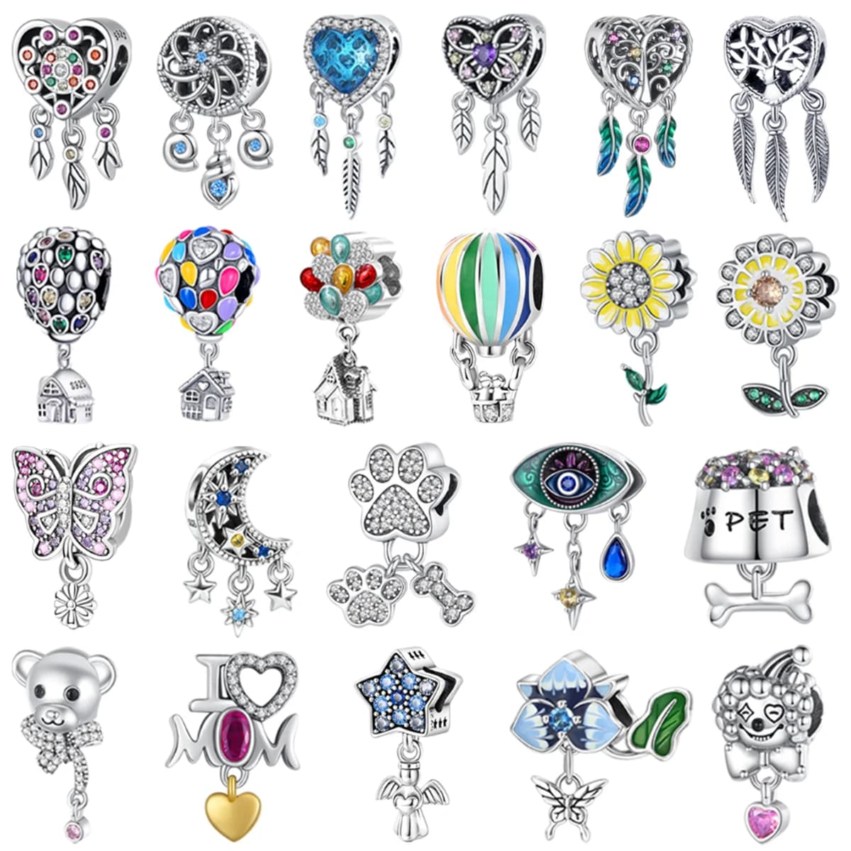 Original 925 Sterling Silver Dreamcatcher Feather Butterfly Hot Air Balloon Flower Star Moon Bead for Pan Bracelet Jewellery
