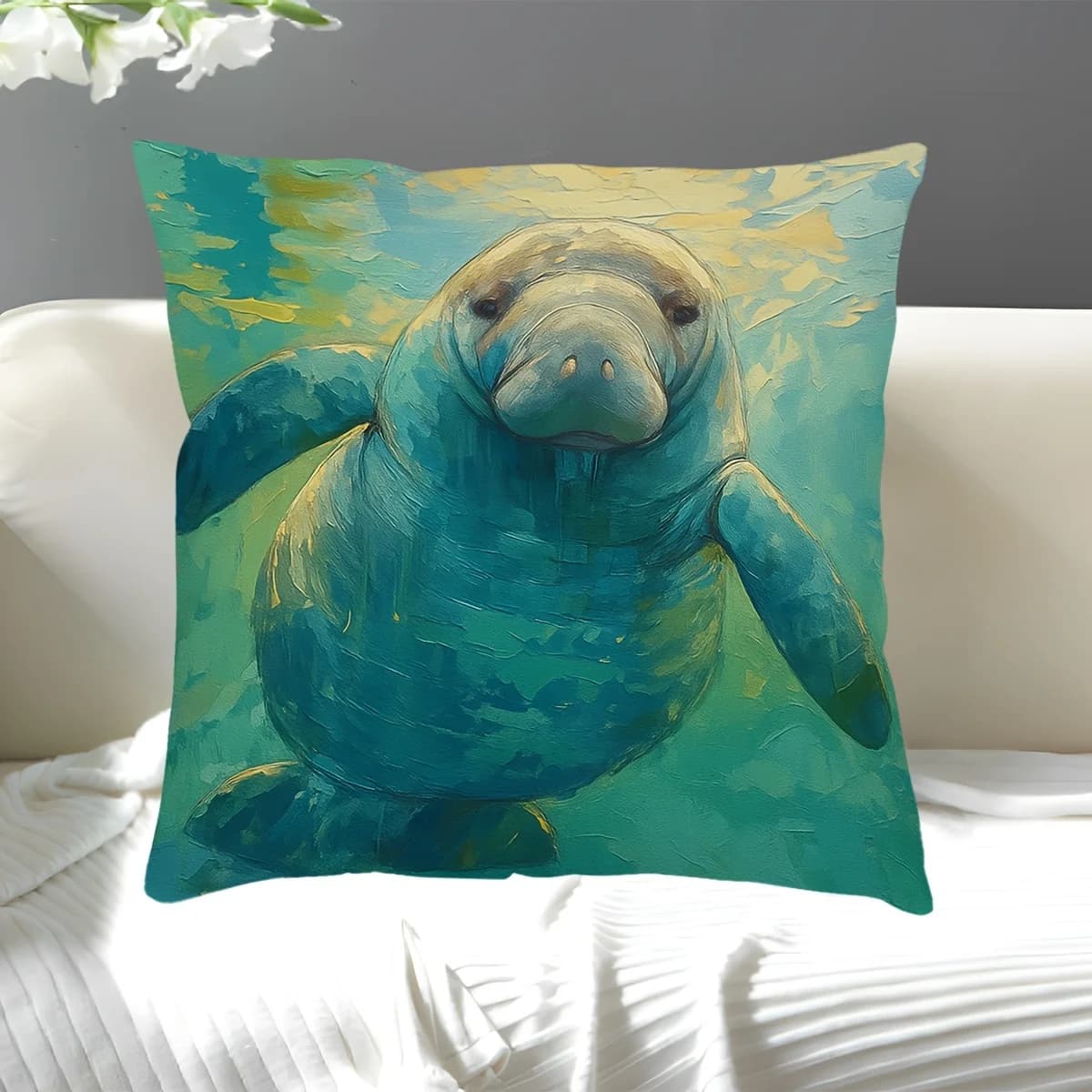 Federa per cuscino con simpatico leone marino, vita marina subacquea, decorazione oceanica, cuscino quadrato 45x45 cm, regalo per la camera da letto