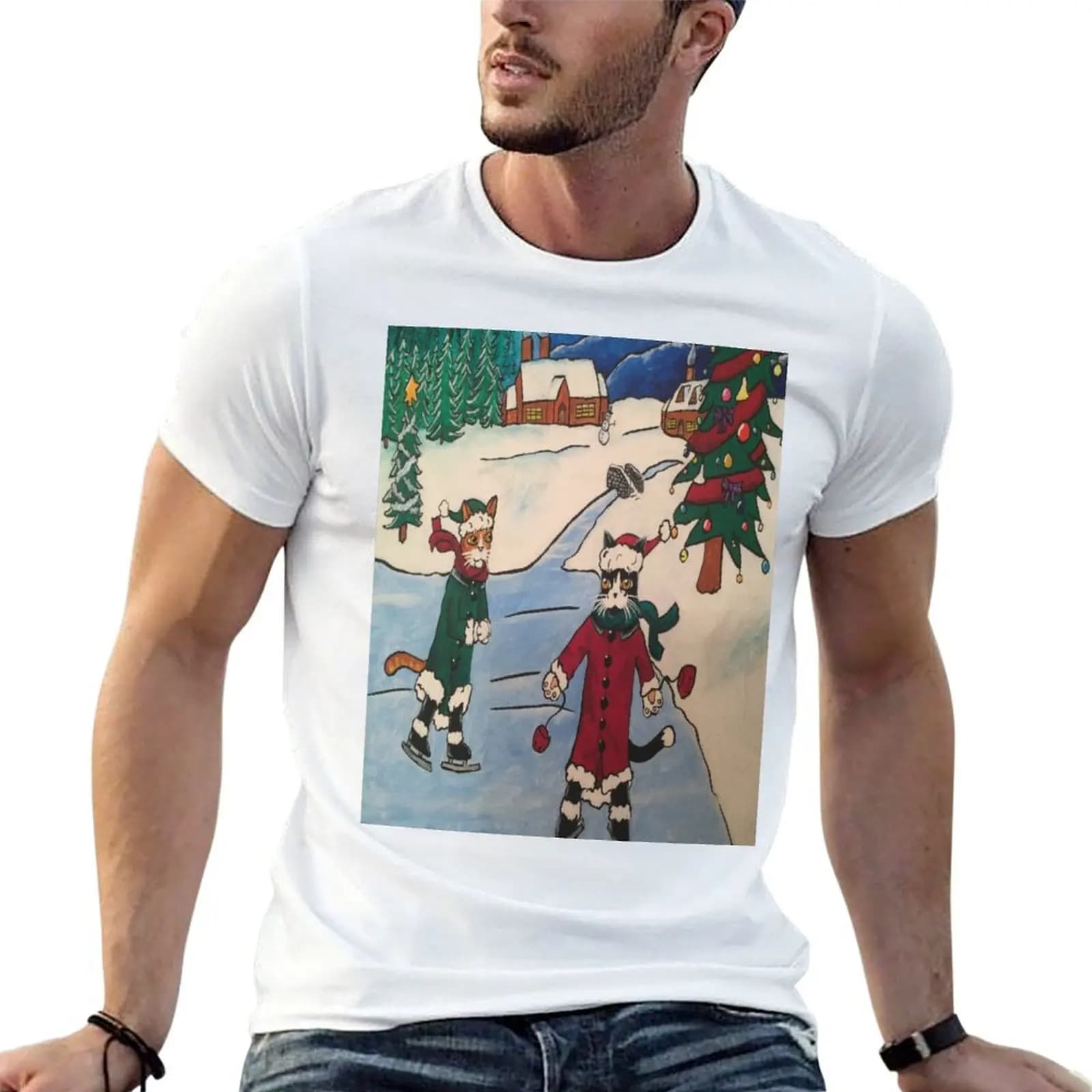 Christmas Ice Skating Cats T-Shirt blue lock Aesthetic clothing plain t shirts men