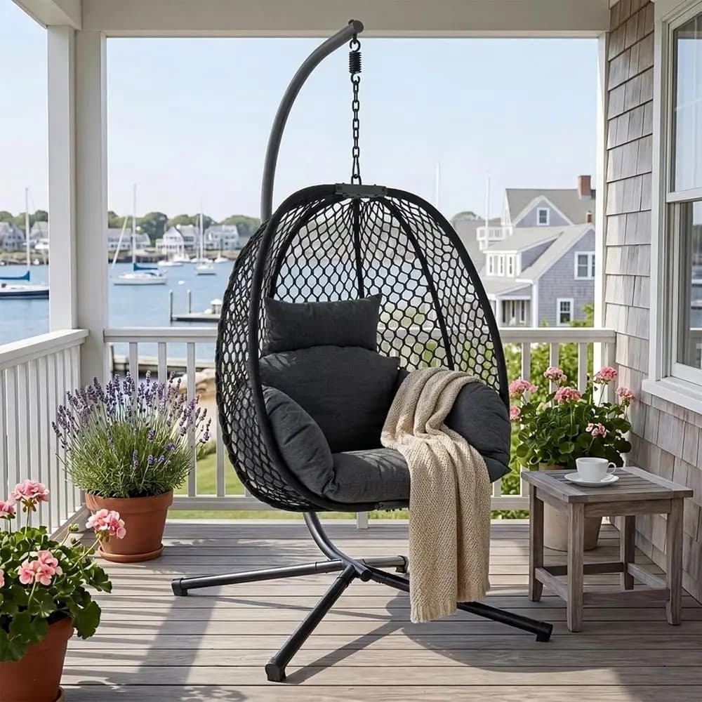Egg Chair Outdoor with Stand, 400lbs Wicker Hanging Egg Swing Chair, Porch Swing Rocking Chair with Thick Cushion, Cozy Basket S