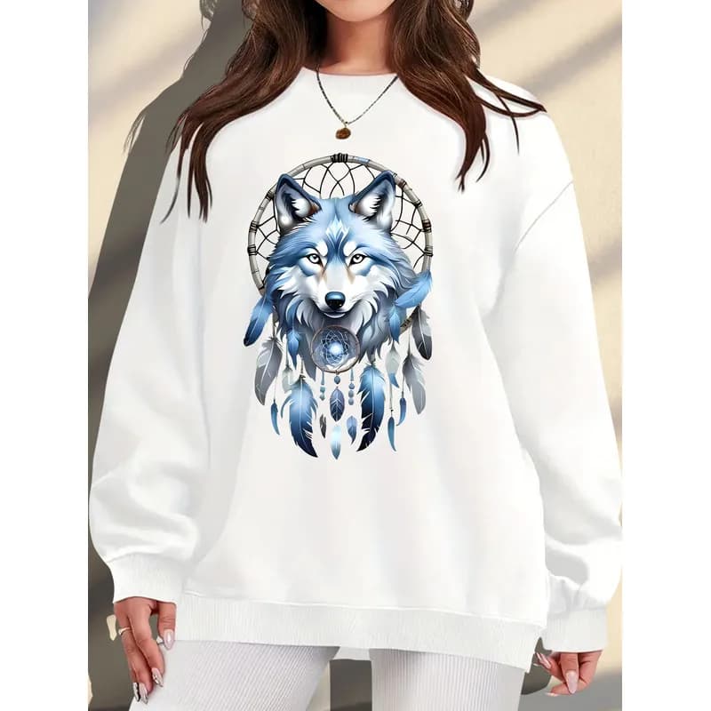 Comfortable Dreamcatcher with Wolf Head Print Soft Casual Long Sleeve Crew Neck Sweatshirt Cozy Women's Oversized FallWinterWear