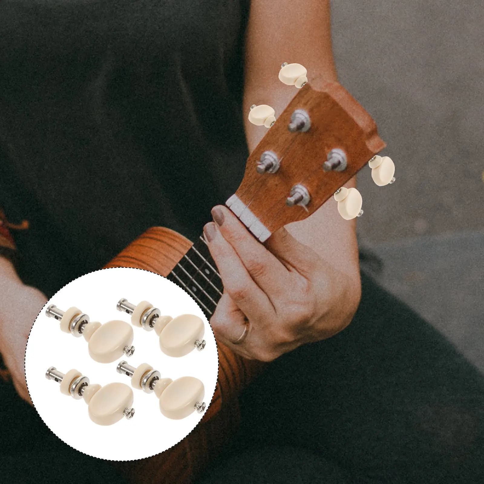 4 Pezzi Piroli di Accordatura per Strumenti a Corda, Tasti per Ukulele con Bottone Bianco e Perno Centrale in Acciaio per Chitarra e Mandolino