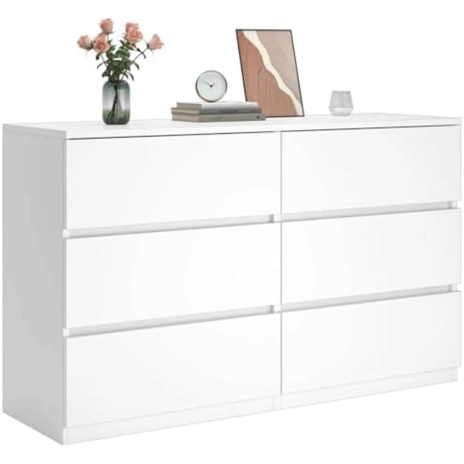 6 Drawer Dresser for Bedroom, Modern White Chest of Drawers No Handles Large Storage, Wood Dressers with Wide Drawers