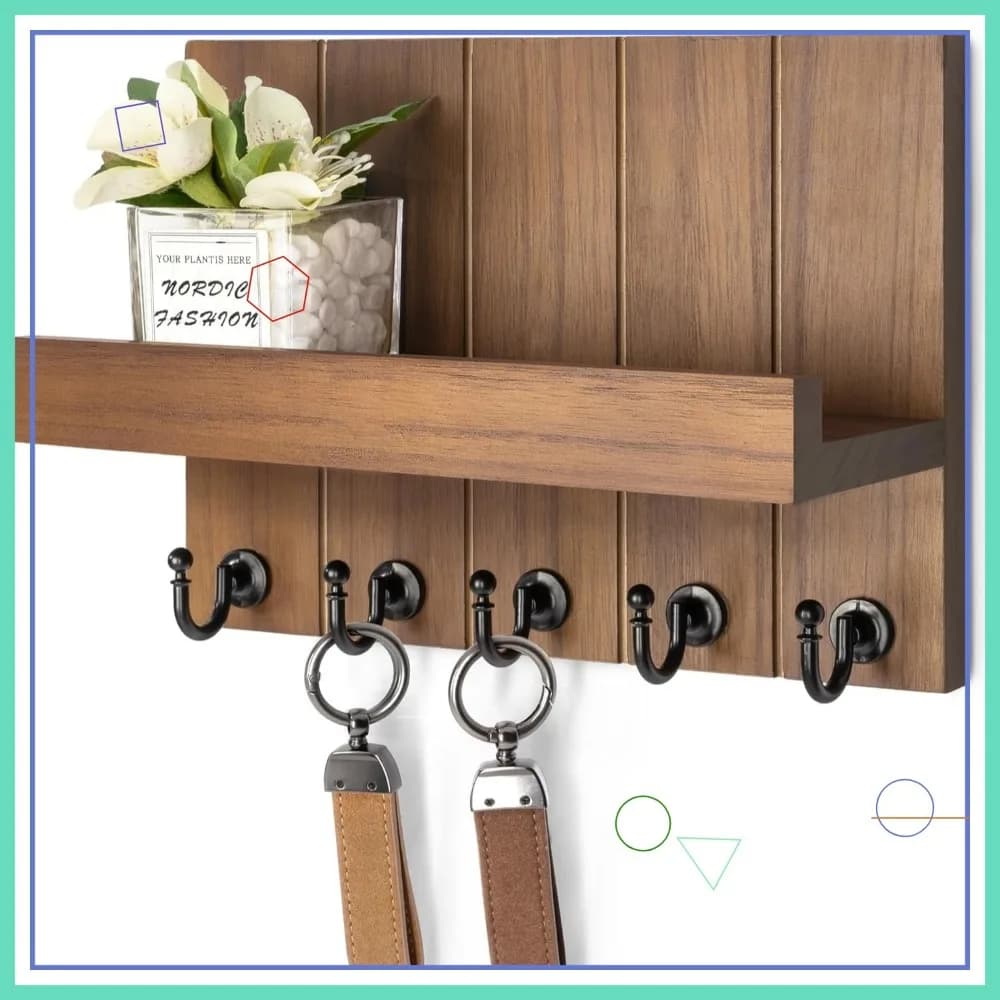 Portachiavi rustico con mensola e organizer per la posta - Decorazione da parete per l'ingresso, marrone, 3,54" x 10" x 7,28"
